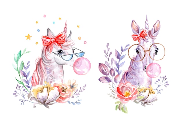 Watercolor unicorns with flowers