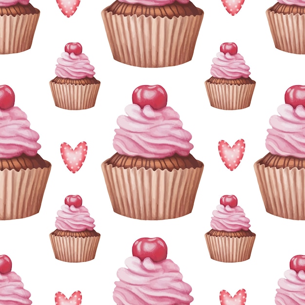 Watercolor valentine cupcake seamless pattern