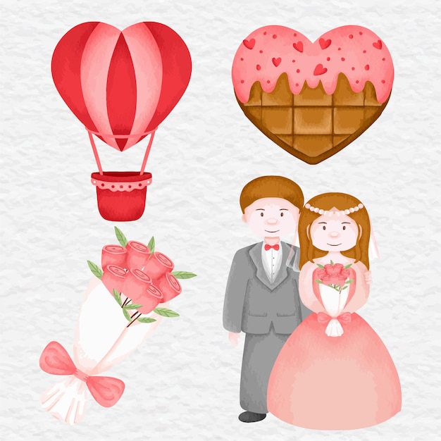 Clipart dell'insieme di elementi della raccolta di san valentino dell'acquerello