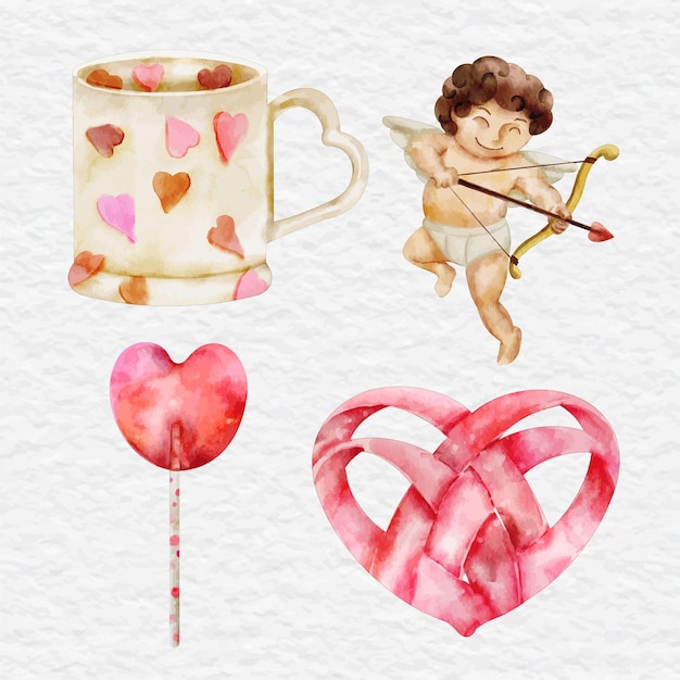 Watercolor valentine day element collection set