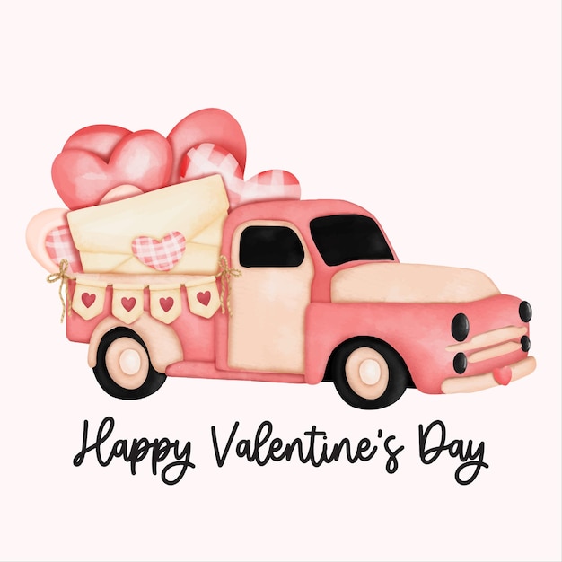 ラブレターとバレンタイントラックが付いた水彩バレンタインデーカード