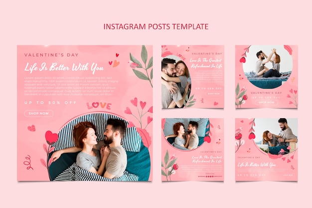 Vector watercolor valentine's day instagram posts collection