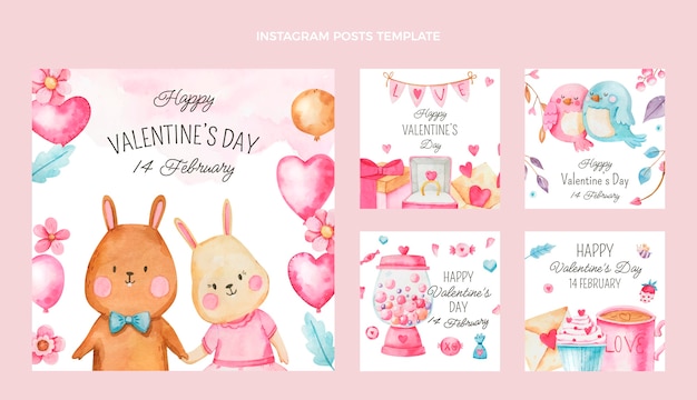 Vector watercolor valentine's day instagram posts collection