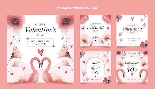 Vector watercolor valentine's day instagram posts collection