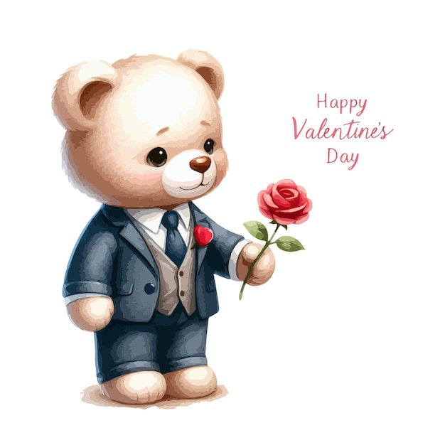 Watercolor Valentines Day card childrens illustration with animal bear