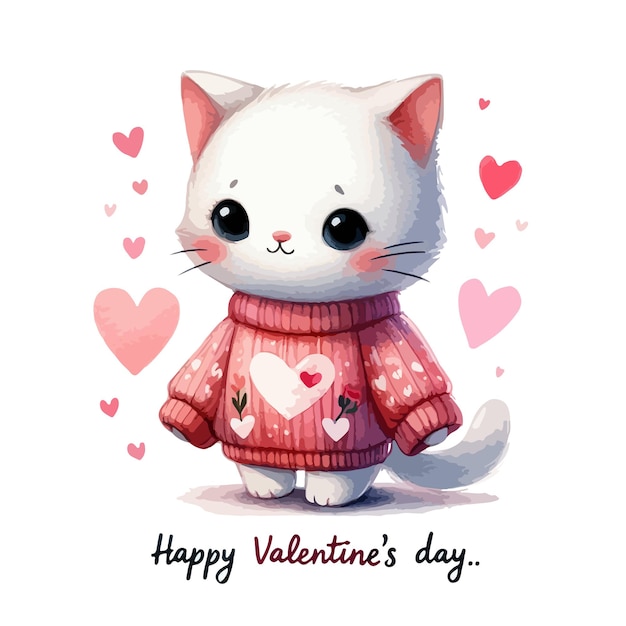 Vector watercolor valentines day card childrens illustration with animal cat