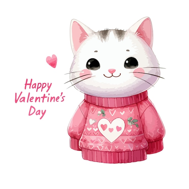 Watercolor Valentines Day card childrens illustration with animal cat