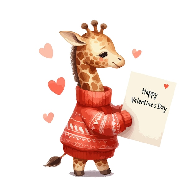 Watercolor Valentines Day card childrens illustration with animal giraffe