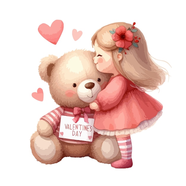 Watercolor Valentines Day card childrens illustration with girl and animal bear