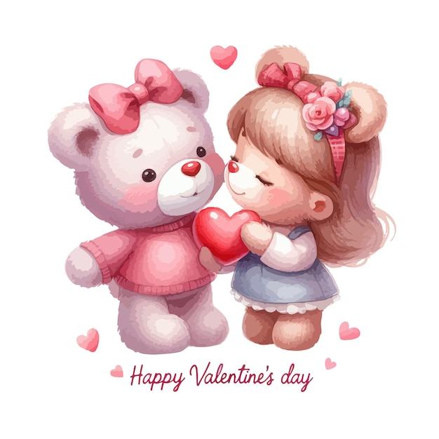 Watercolor Valentines Day card childrens illustration with girl and animal bear