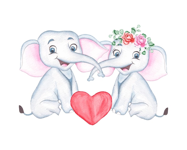 Watercolor Valentines Day cute couple elephant clipart, valentine animal illustration for t-shirts,