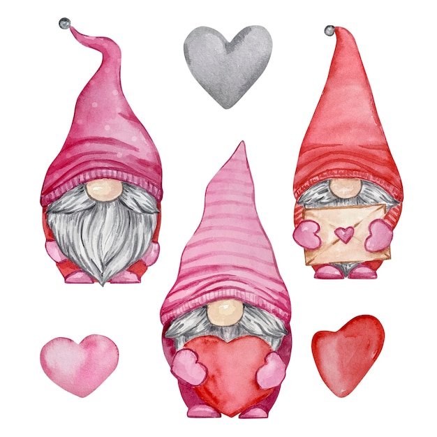 Watercolor valentines day gnomes