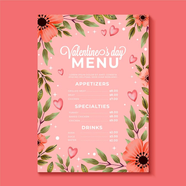 Modello di menu di san valentino dell'acquerello