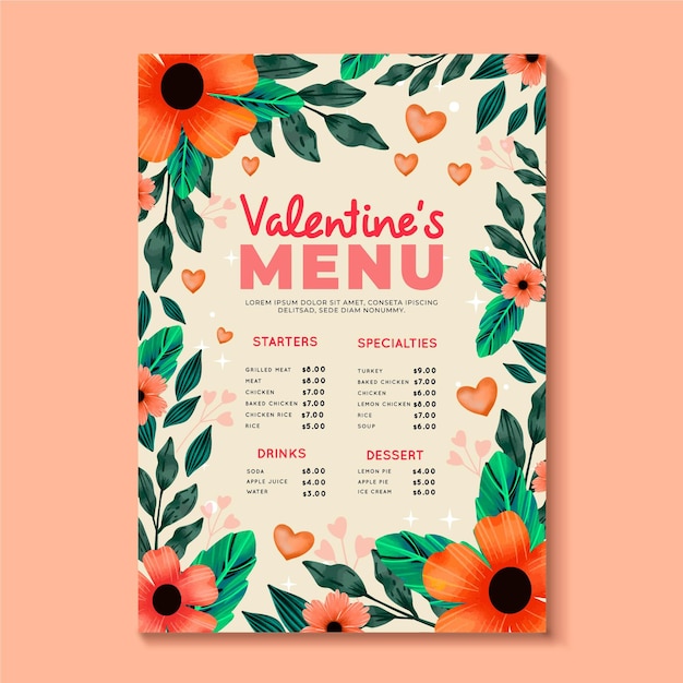 Modello di menu di san valentino dell'acquerello