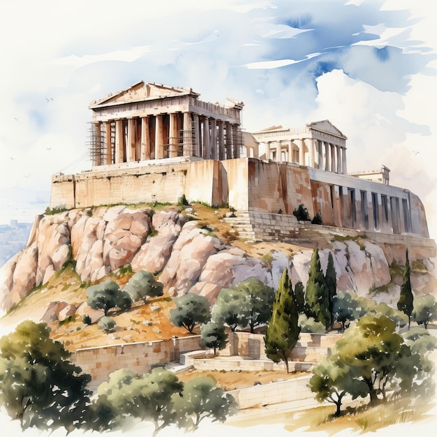 Watercolor Vector Acropolis On White Background