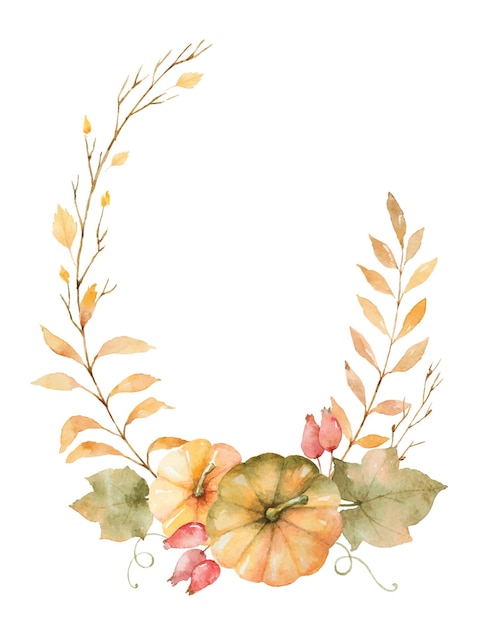 Watercolor vector autumn wreath of leaves branches and pumpkins isolated on white background