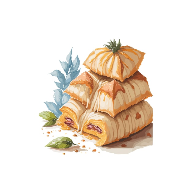 Vector watercolor vector baklava pastry clipart editable white background