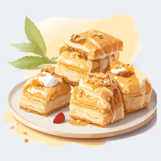 Watercolor vector Baklava pastry clipart editable white background