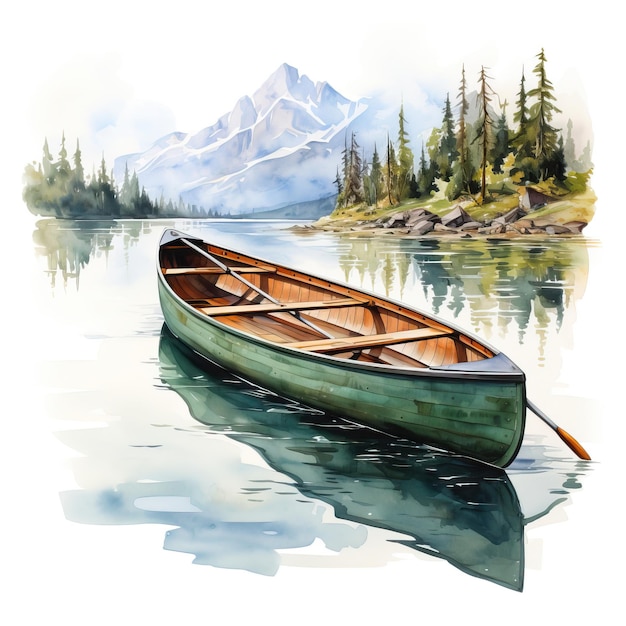 Vector watercolor vector banff lake louise canoe on white backgr