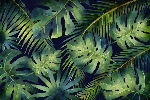 Watercolor vector banner tropical leaves and branches isolated on dark background