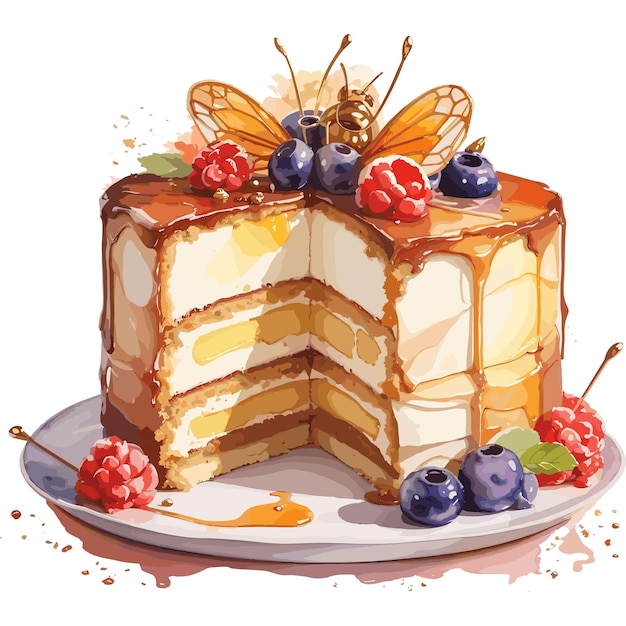 Watercolor vector Beesting cake pastry clipart editable white background