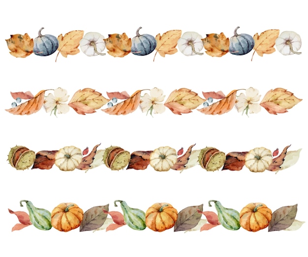 Vector watercolor vector borders with fall leaves and colorful pumpkins isolated on a white background