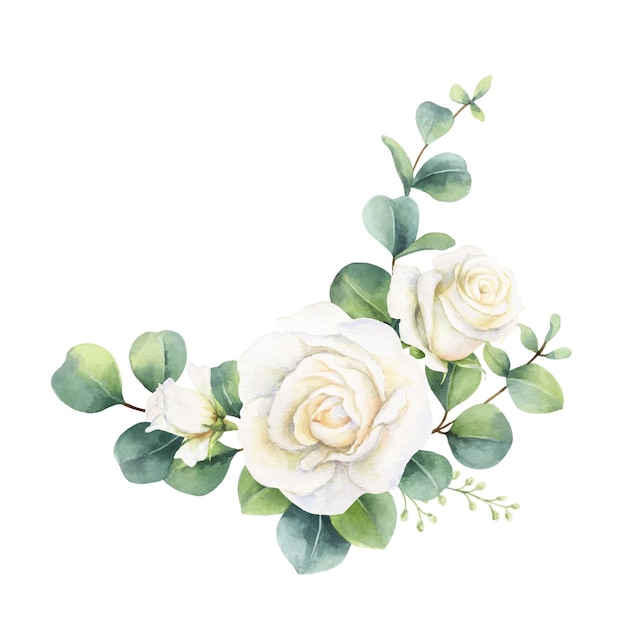 Watercolor vector bouquet with eucalyptus leaves and roses