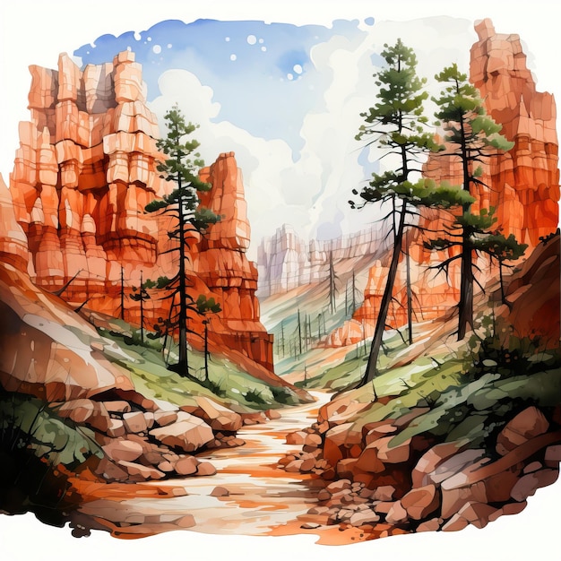 Watercolor Vector Bryce Canyon On White Background styl