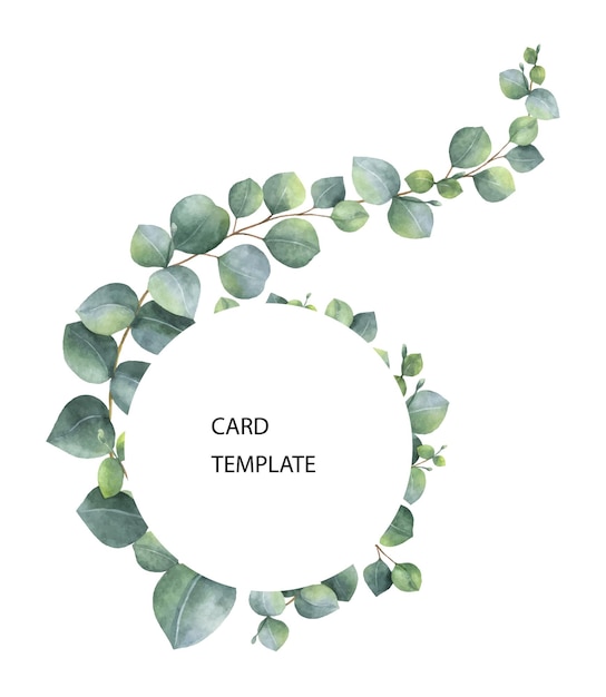 유칼립투스 잎과 가지가 있는 수채화 벡터 카드 템플릿 디자인