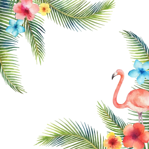 Vector watercolor vector card of tropical leaves and the pink flamingo isolated on white background