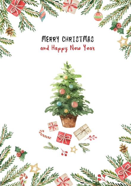 Watercolor vector card with a Christmas tree and gift boxes