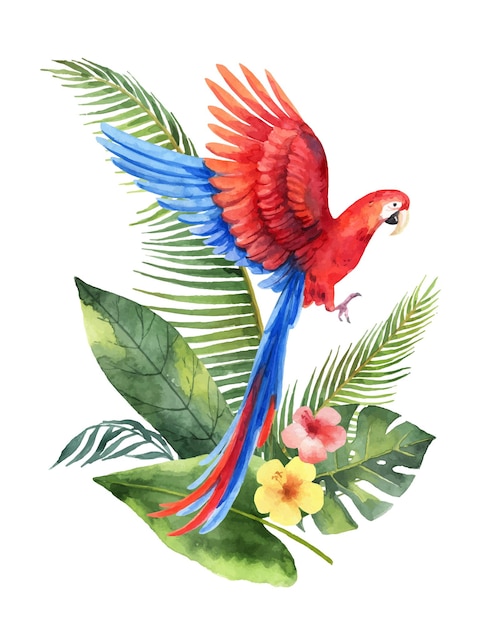 Vector watercolor vector card with red parrot tropical leaves and flowers isolated on white background