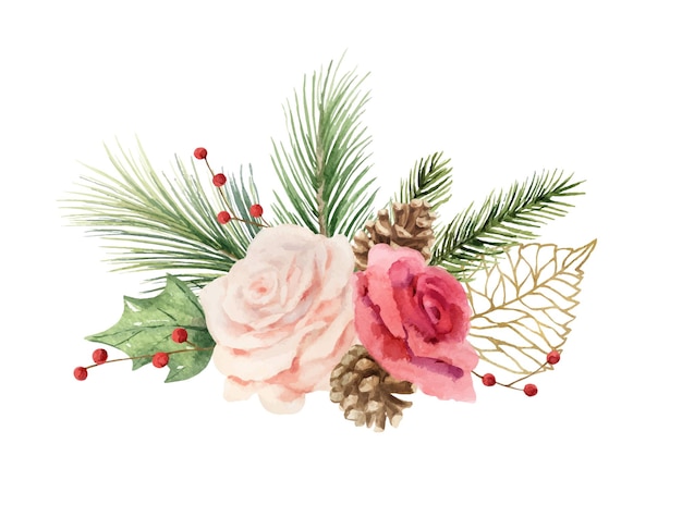 Vector watercolor vector christmas bouquet with fir branches roses and eucalyptus