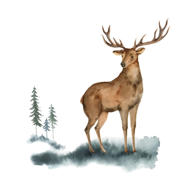 Vector watercolor vector christmas card with deer and landscape