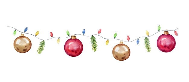 Vector watercolor vector christmas colorful garland with balls lights and fir branches