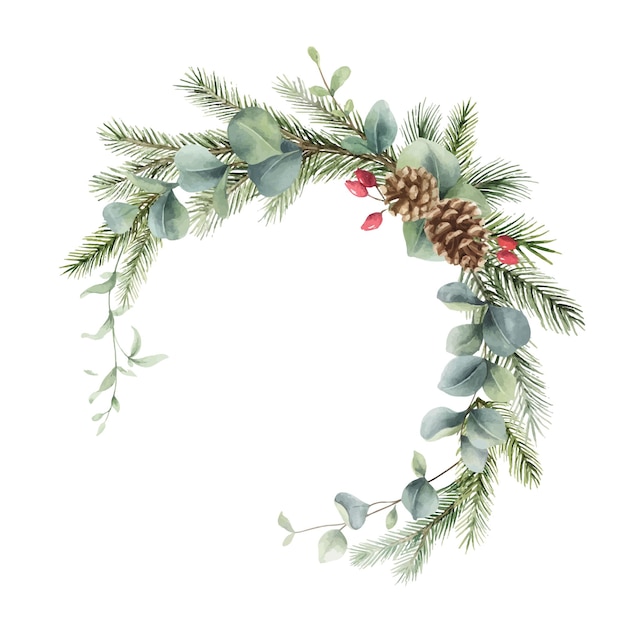 Watercolor vector Christmas wreath with fir branches cones and eucalyptus