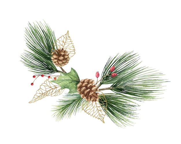 Watercolor vector Christmas wreath with fir branches leaves and a cone