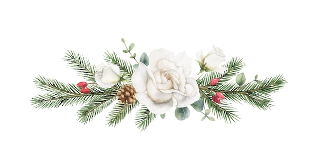 Watercolor vector Christmas wreath with fir branches rose and eucalyptus