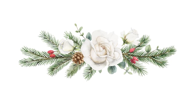 Watercolor vector christmas wreath with fir branches rose and eucalyptus