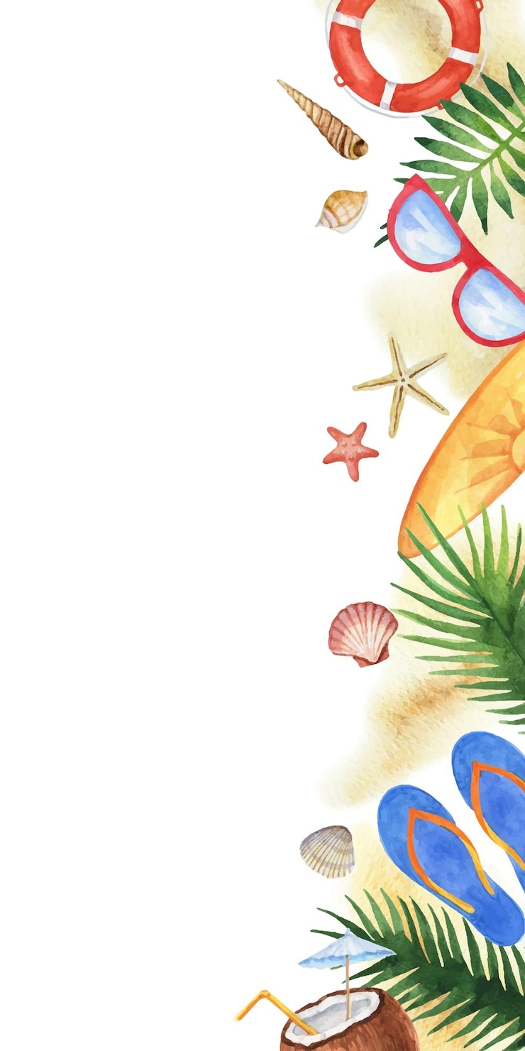 Vector watercolor vector colorful seashells beach elements and tropical leaves