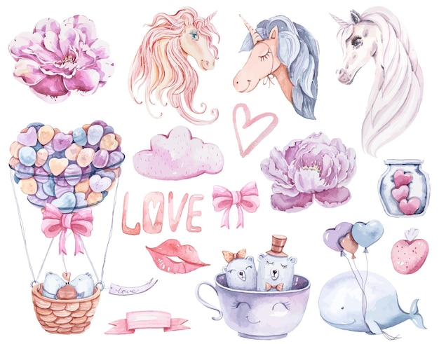 Vector watercolor vector cute cartoon unicorns and bears illustration set for sticker, print, sublimation