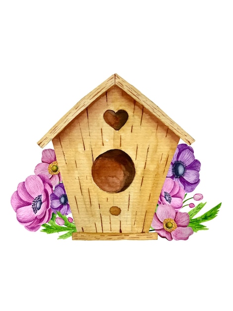 Watercolor vector decoration with bird house and flowers