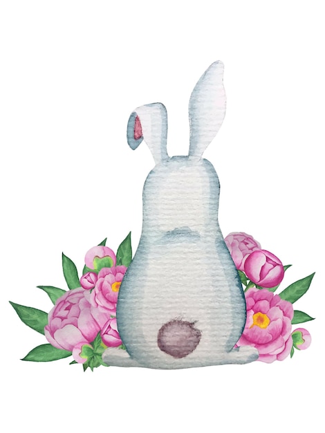 Vector watercolor vector decoration with easter rabbit with peonies