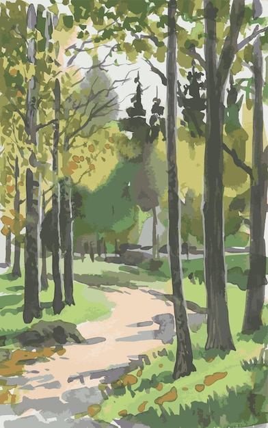 Акварельный векторный рисунок природного ландшафта с прогулочной дорожкой в осеннем лесу