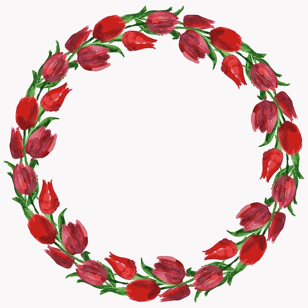 Watercolor vector drawing of wreath from red tulips with green leaves