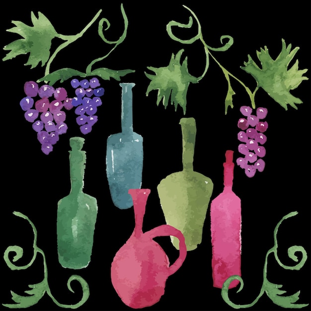 Watercolor vector drawings of vine branches with ripe grape berries and various wine bottles