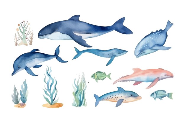 Watercolor vector fish Set of sea animals