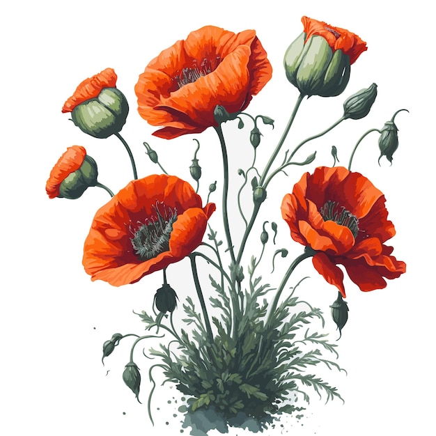 Watercolor Vector Flanders poppy Clipart floral bouquet editable