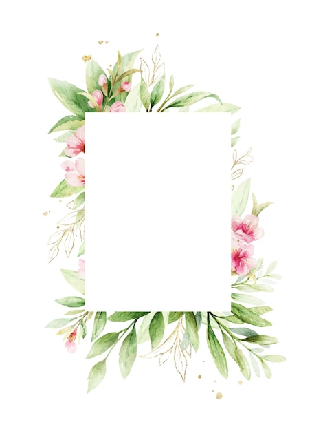 Watercolor vector frame of pink flowers and almond leaves
