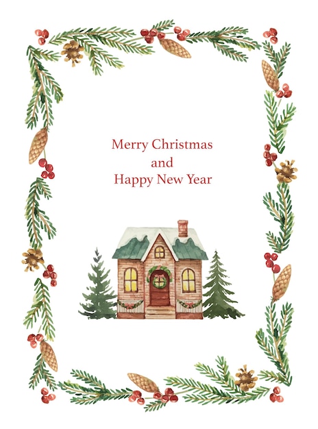 Watercolor vector frame with a Christmas house and fir trees